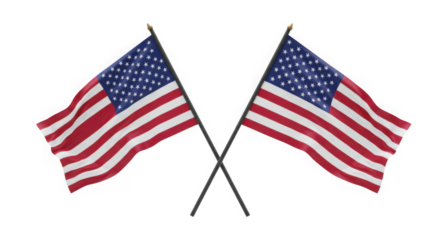 Two crossed American flags waving on poles against a transparent background waving