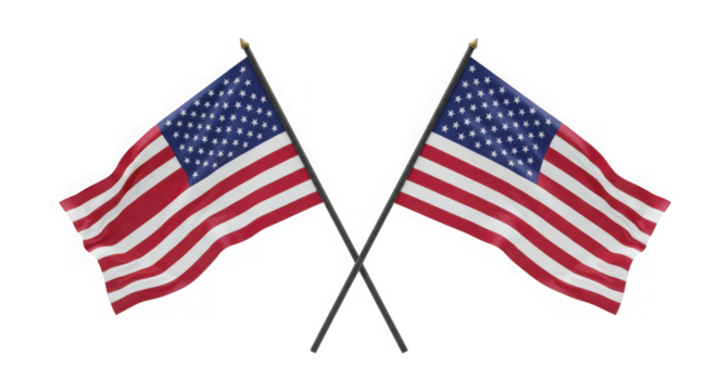 Two crossed American flags waving on poles against a transparent background waving