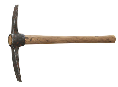 Classic metal pickaxe with wooden handle isolated on transparent background
