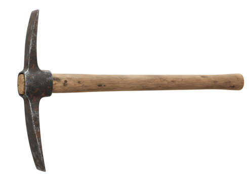 Classic metal pickaxe with wooden handle isolated on transparent background