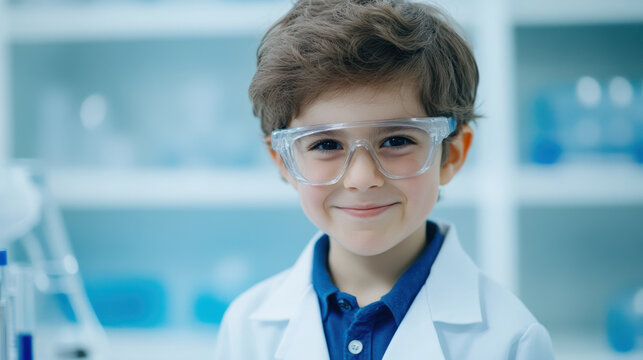 Happy little boy wearing safety glasses and lab coat smiling in bright science laboratory with cheerful expression - Powered by Adobe