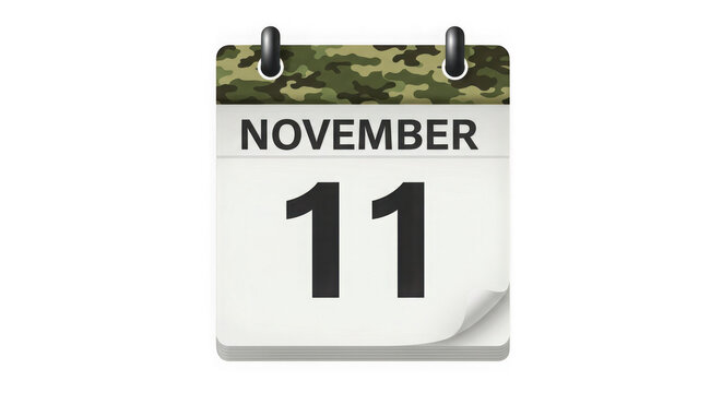 A calendar showing November eleventh with a camouflage pattern on the top edge on transparent background