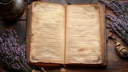 Open antique book surrounded by fresh lavender flowers rests on a rustic wooden table for creative writing