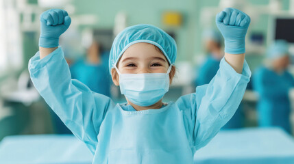Happy little child surgeon wearing gloves and surgical mask raising hands in hospital with medical staff