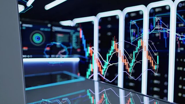 Glowing digital lines and financial charts visualizing stock market data processing on transparent screens in dark, futuristic server room environment - Powered by Adobe