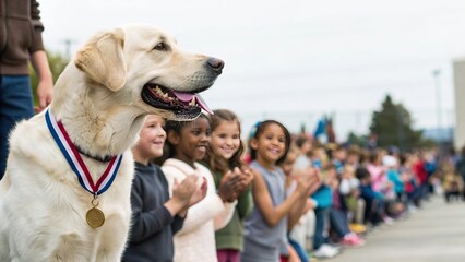 A proud service dog wearing a mock Medal of Freedom, honoring loyalty and courage in a humorous yet heartfelt tribute on July Fourth celebration