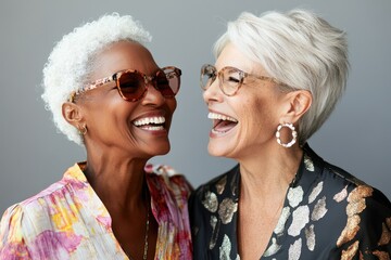 Two older women enjoy a joyful moment together, showcasing laughter and happiness in a bright and stylish setting while celebrating their friendship