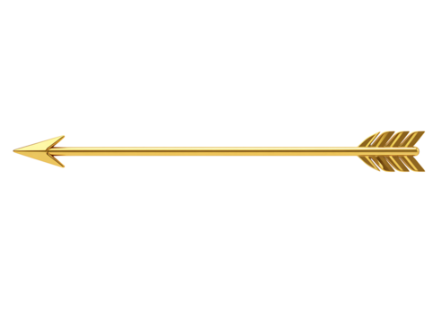 Golden arrow pointing left with detailed fletching isolated on transparent background