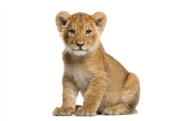 Obraz premium A young lion cub sits upright facing forward on a white background