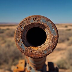 Rusty cannon barrel, desert landscape