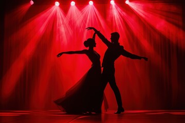 Silhouette of ballroom dancers performing under vibrant red stage lights in a dynamic and elegant dance display