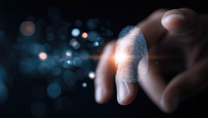 A hand's fingertip, with a digital fingerprint overlay