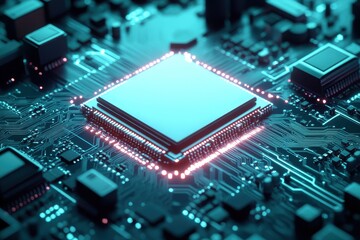 Obraz premium Detailed view of a microchip on a circuit board showcasing intricate design and connectivity in a futuristic digital environment