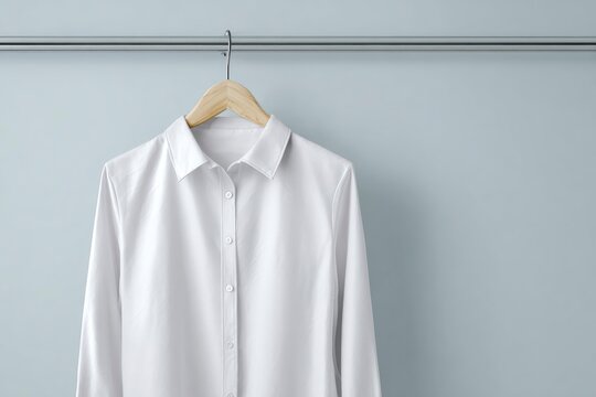 A white longsleeved shirt hangs on a wooden hanger suspended from a metal rod against a gray backdrop