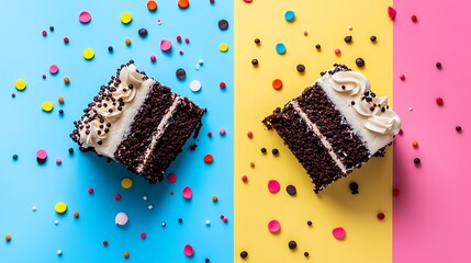 Indulge in a delightful chocolate cake slice, decorated with sprinkles on colorful backgrounds, perfect for celebrations and sweet moments.