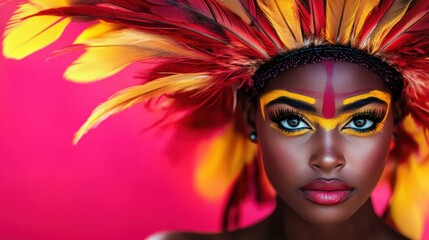 Portrait of a beautiful black woman with bold face paint and red-yellow feathers. Space for text.