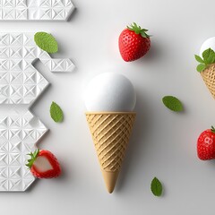 Ice cream with strawberries on a white background