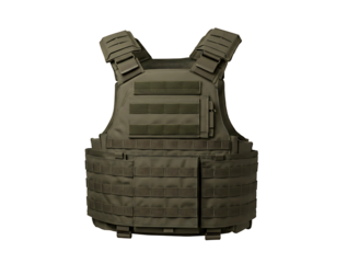 Tactical plate carrier vest with camouflage pattern isolated on transparent background