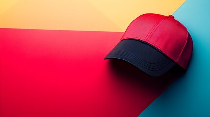 Vibrant studio setup showcases a stylish red and black baseball cap against colorful geometric background.