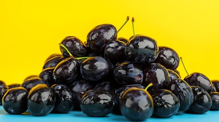 Fresh and juicy java plums are stacked on a vibrant blue surface against a bright yellow backdrop, offering deliciousness.