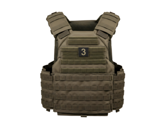 Tactical plate carrier vest with camouflage pattern isolated on transparent background