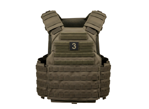 Tactical plate carrier vest with camouflage pattern isolated on transparent background