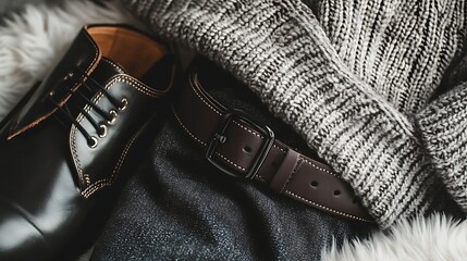Elegant men's fashion details featuring a black leather dress shoe, belt and a gray sweater on soft faux fur