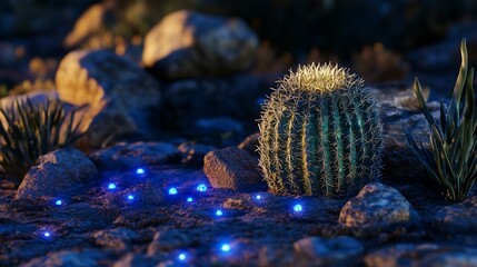 Desert flora at twilight, glowing stones