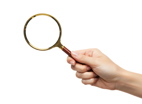 Hand holding a magnifying glass for investigation and discovery isolated on transparent background
