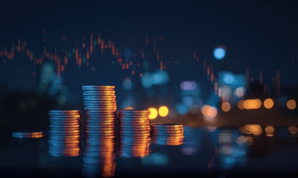 Stacks of coins at night, financial market background