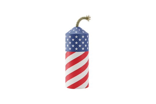 Traditional American Flag Firecracker with Brown Fuse - Festive Holiday Element Isolated on Transparent background
