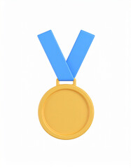 Gold award medal with blue ribbon isolated on a clean white background