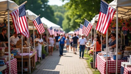 Quaint and festive outdoor market with American flags, family-friendly booths, people shopping and enjoying food on a warm Fourth of July summer afternoon