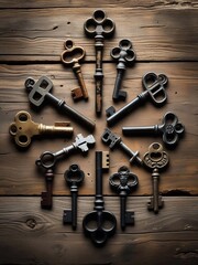 Fototapeta premium Collection of ornate vintage skeleton keys arranged on aged wood planks