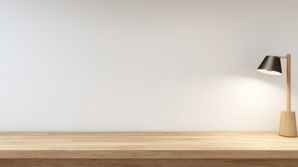Minimalist modern table lamp with sleek black conical shade and slender wooden base on light-colored wooden surface, soft glow, plain light-hued wall background.
