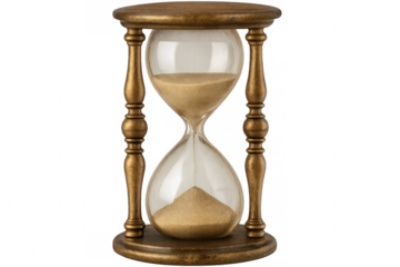 Golden hourglass flowing sand, representing temporal passage against transparent surface