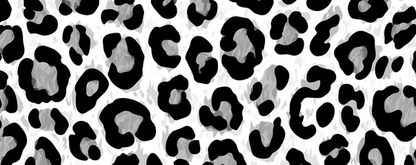 Fototapeta premium Repeating leopard print pattern with bold black spots over a white and gray fur textured background in a modern and graphic seamless style for textiles