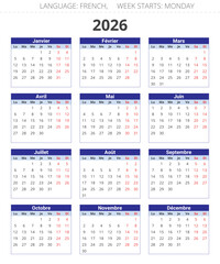 2026 french annual calendar. Vector year illustration France. Francais calendrier