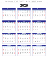 PORTUGUESE annual calendar for 2026 year. Vector illustration for Portugal. Week starts sunday
