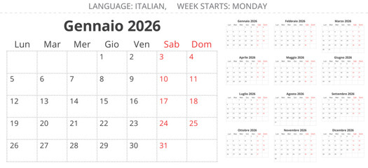 2026 year Italian calendar planner. Paper pages 12 months. Vector illustration for Italy - calendario