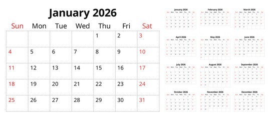 2026 calendar planner. Vector collection of English monthly page calendars. Design with Sunday start