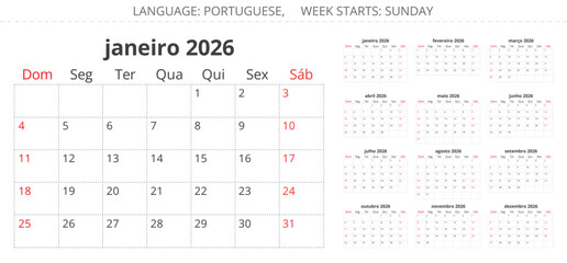 PORTUGUESE monthly calendar planner for 2026 year. Vector set illustration for Portugal. Week starts sunday