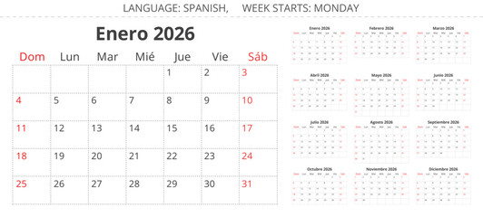 2026 Spanish calendar planner. A collection of vector illustrations for each month in year. Spain