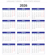 2026 year turkish annual calendar. Vector for Turkey