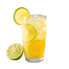Refreshing cold lemonade with ice and lime slices in a tall glass