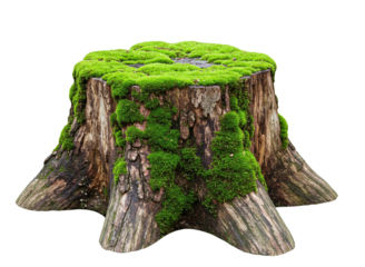 Old moss covered tree stump with rough bark isolated on transparent background