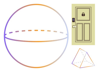 Sphere with dashed cut, tetrahedron outline, and locked door symbolizing security, geometry, and conceptual boundaries. Ideal for education, design, technology, innovation science safety simple