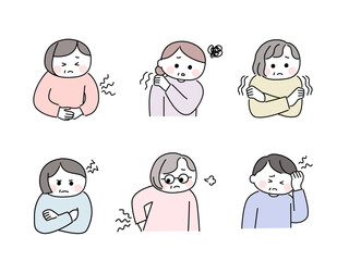 ゆるかわいい手描き風の高齢女性／体と心の不調	
