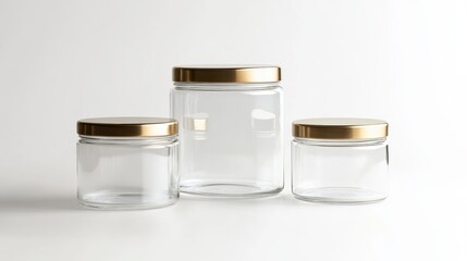 Three empty glass jars with gold lids on white background.