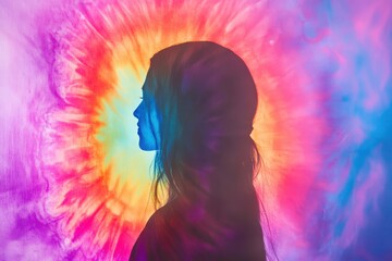 Fototapeta premium Multicolor tie dye gradient background highlighting a silhouette of a person in a meditative pose during a vibrant daytime setting